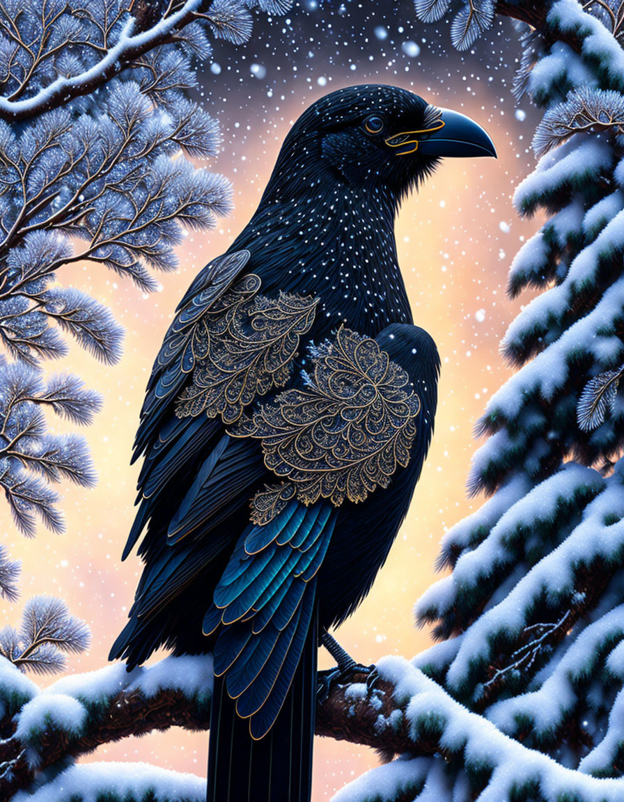 Patterned raven on snowy branch with twilight sky