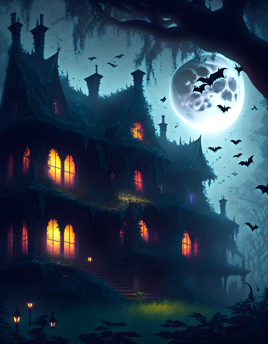 Gothic-style mansion at night with moon, bats, and mist