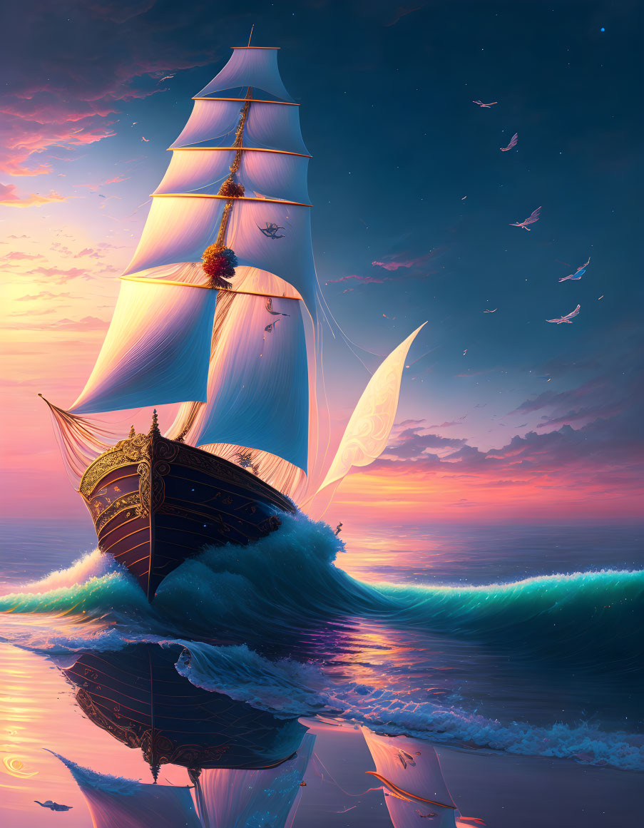 Ornate sailing ship on teal wave under pink sunset sky