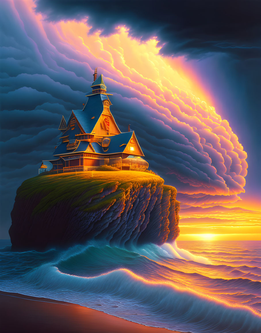 Victorian-style house on cliff with surreal sunset and storm clouds