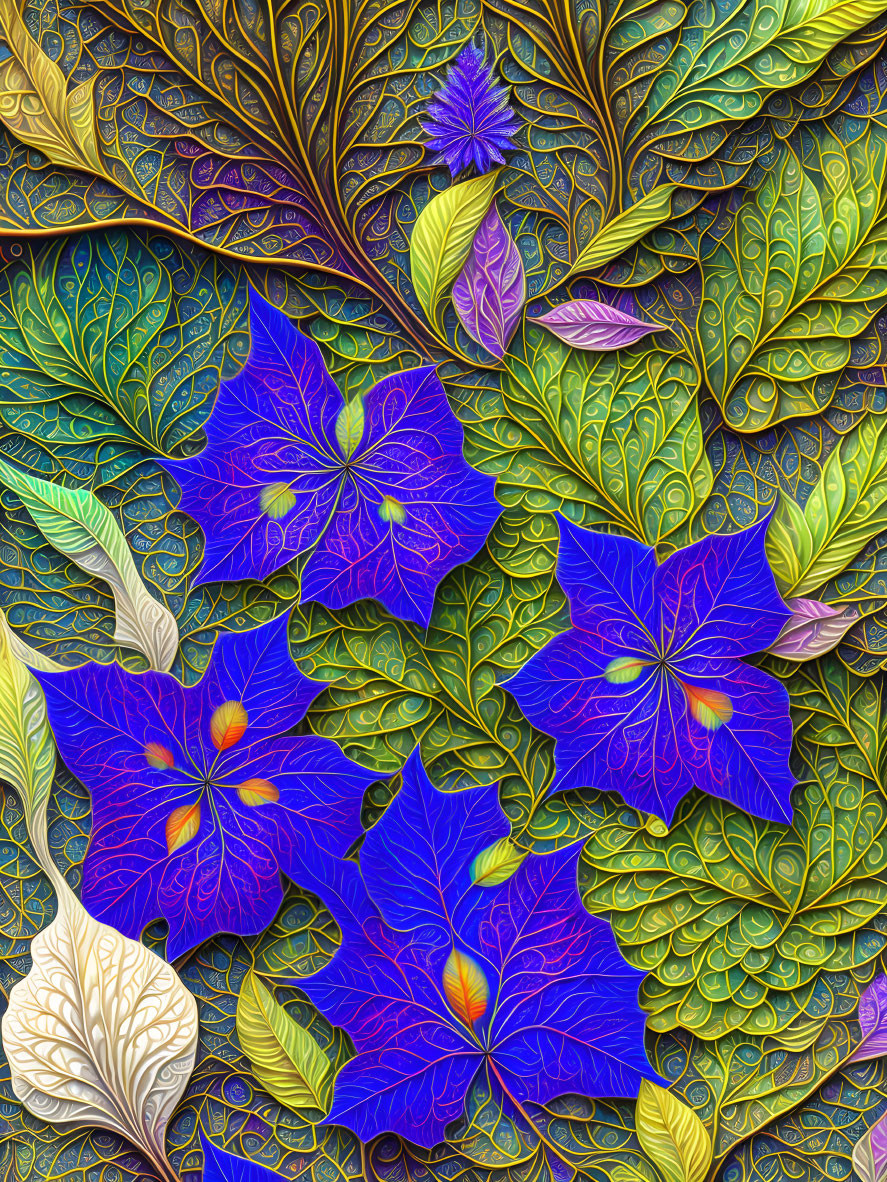 Detailed Blue and Purple Floral Digital Art with Leafy Patterns