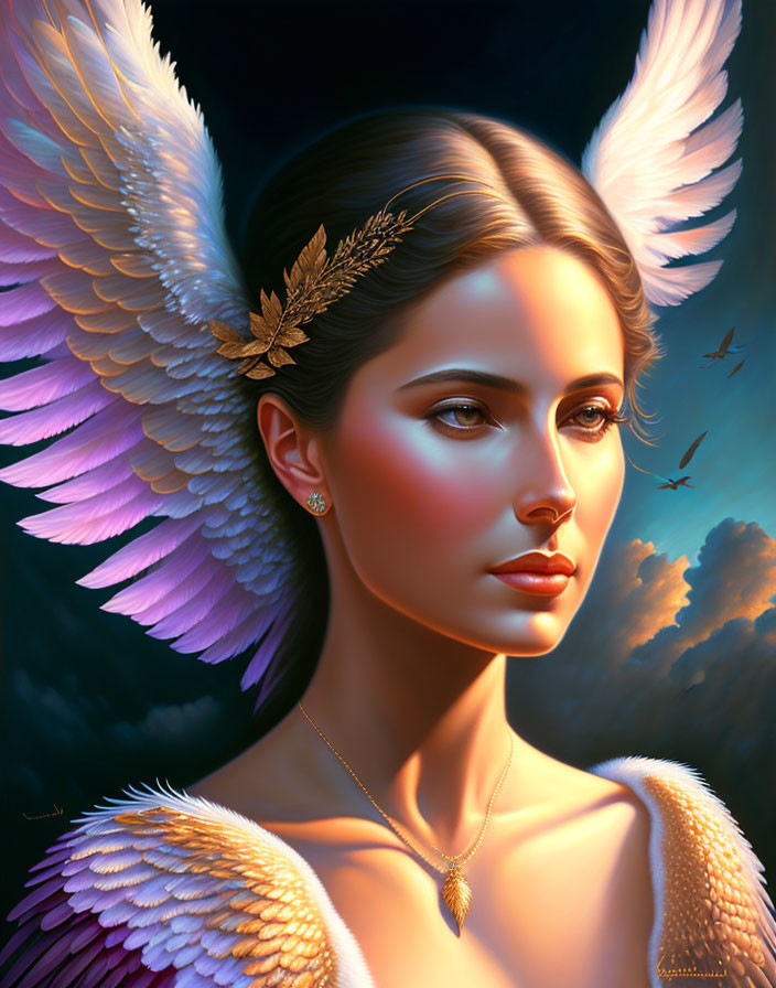 Illustration of woman with angelic wings and golden jewelry in twilight sky