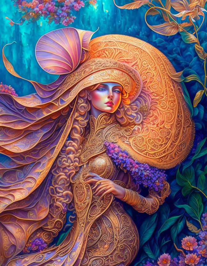 Intricate Fantasy Art Woman with Vibrant Colors and Floral Elements