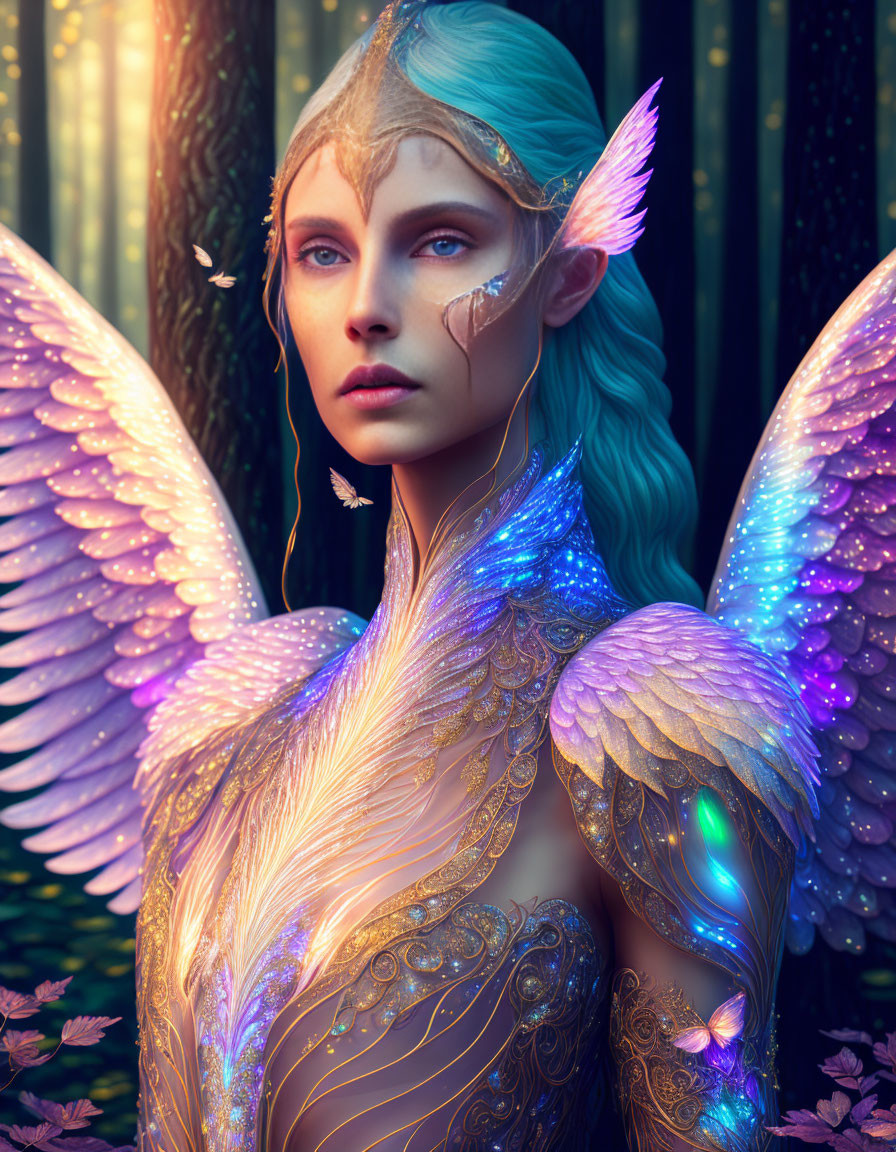 Ethereal female fairy with luminescent wings in golden armor among mystical forest