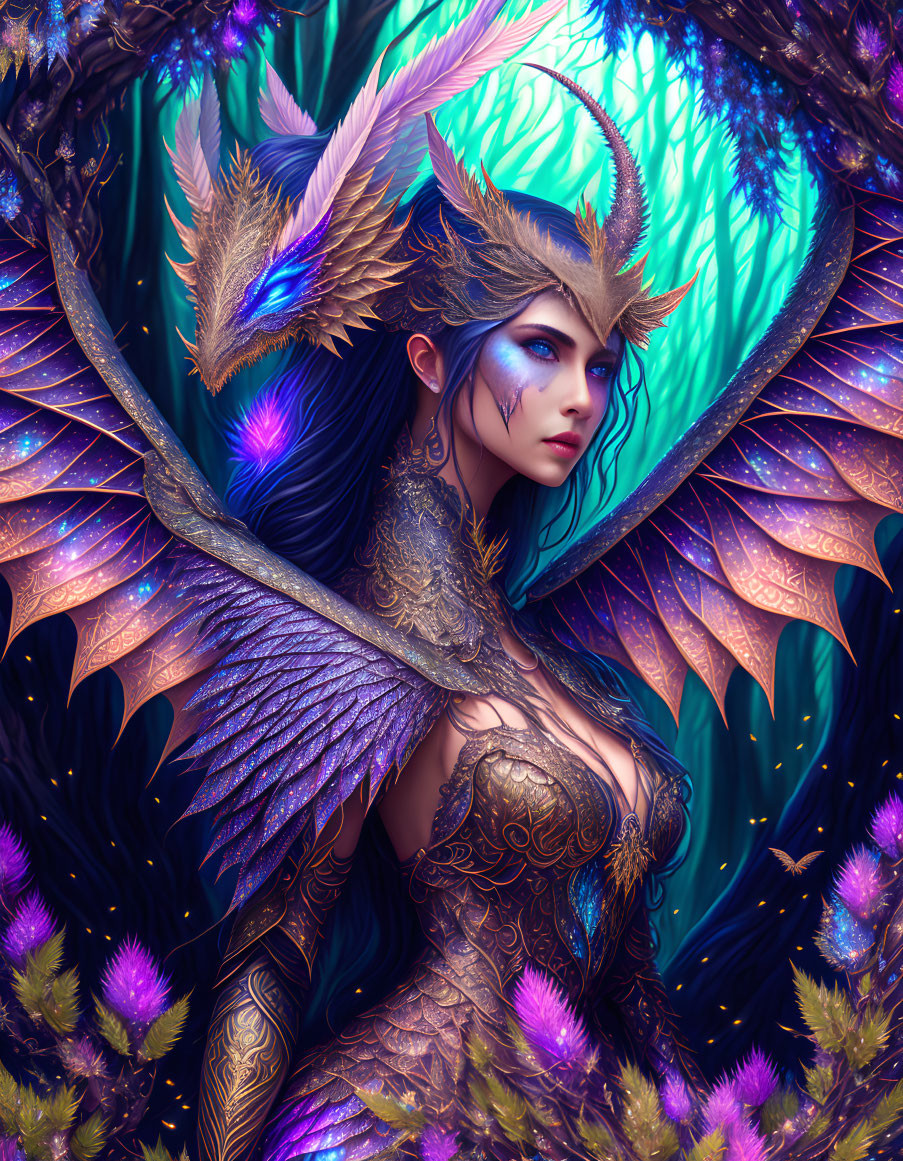 Fantasy portrait of woman with blue hair in winged armor in magical forest