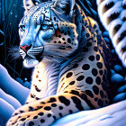 Ornate blue-patterned snow leopard in wintry backdrop