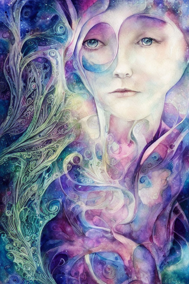 Watercolor portrait of female figure with cosmic patterns in blue, purple, and pink.