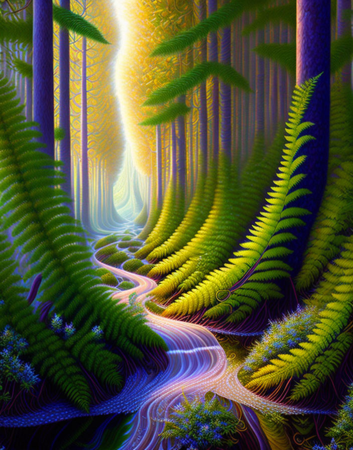 Mystical forest with glowing light beams and winding river