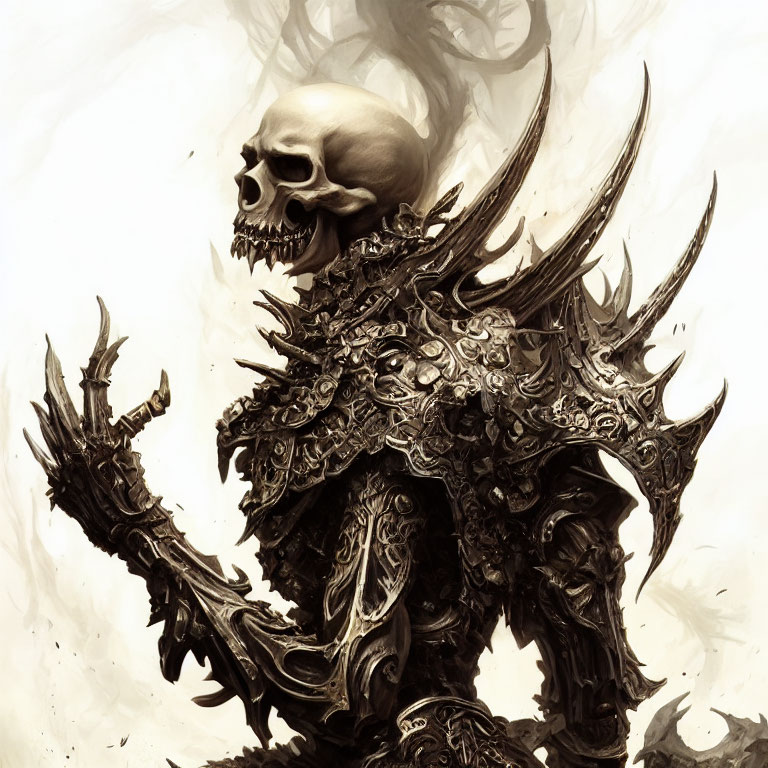 Decorative weapon-wielding skeleton in ornate armor on misty background