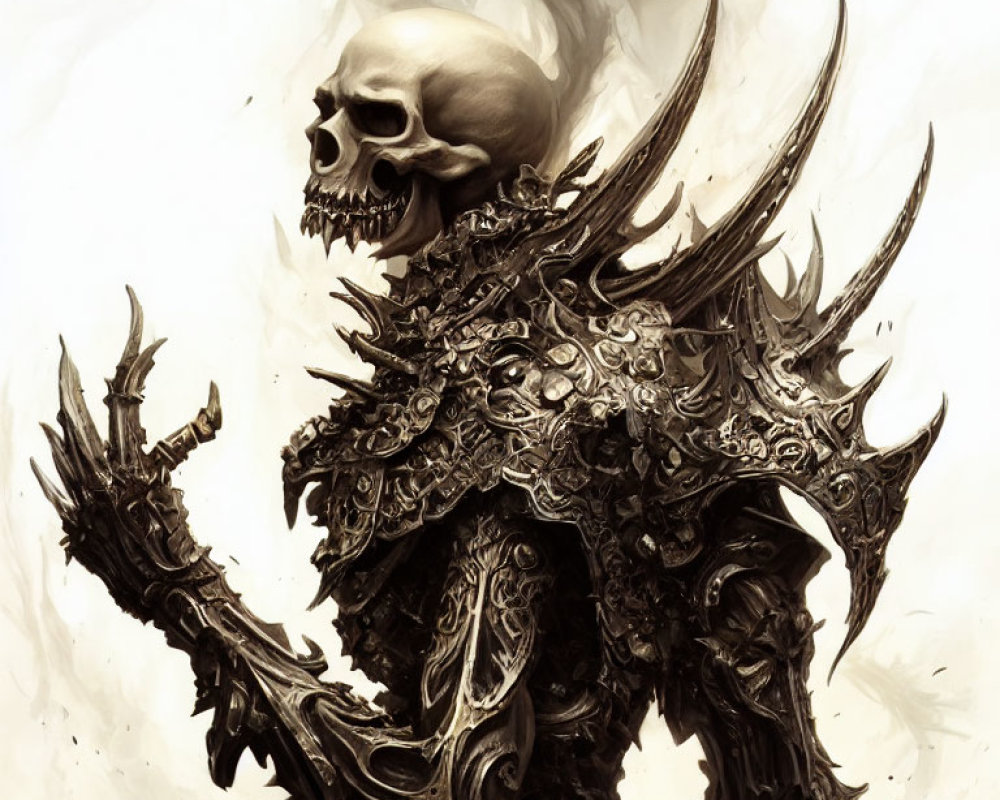 Decorative weapon-wielding skeleton in ornate armor on misty background