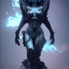 Blue-skinned female figure with ornate wings holding glowing object in mist