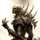 Decorative weapon-wielding skeleton in ornate armor on misty background