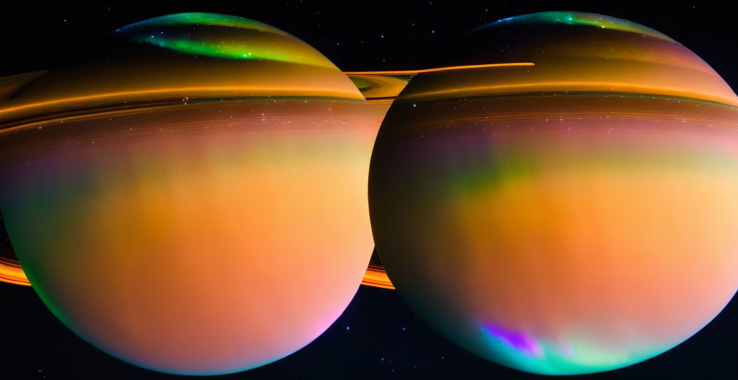 Two Aligned Saturn-like Planets with Rings and Auroras in Space