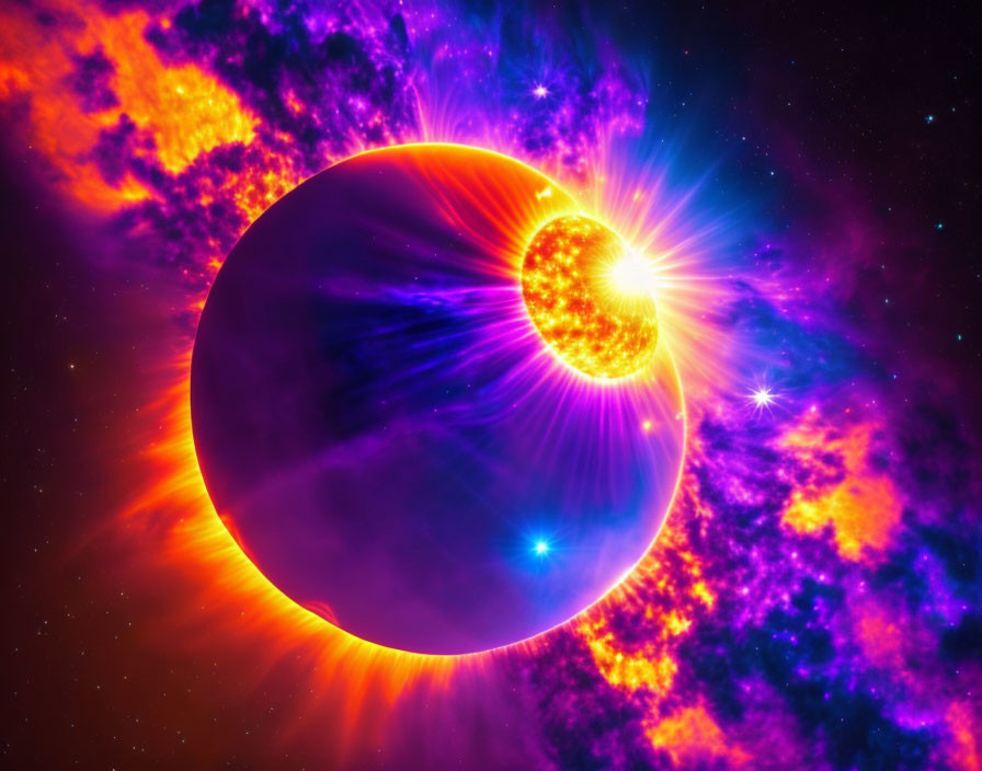 Radiant eclipse and flaring sun in vibrant cosmic scene with colorful nebula