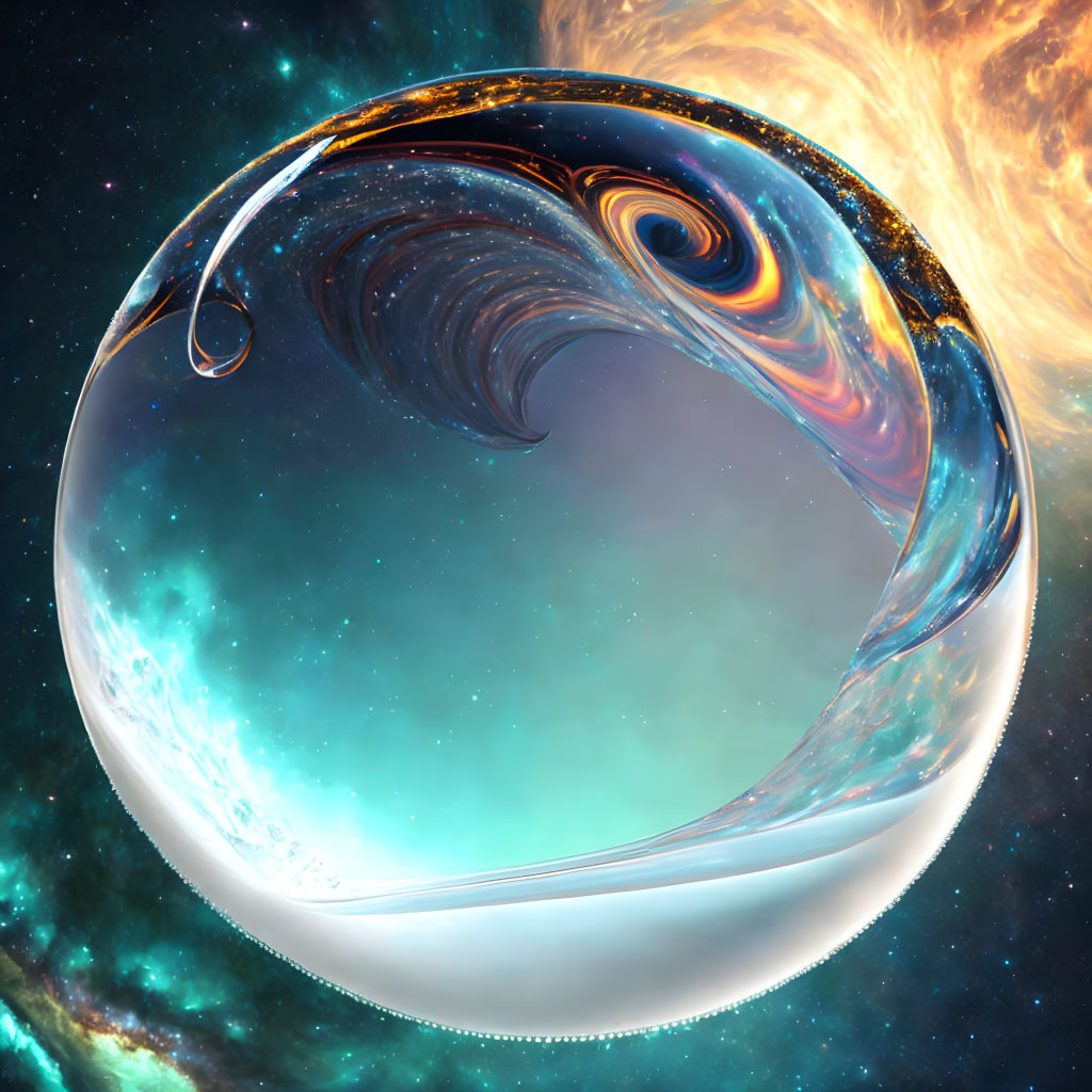 Translucent sphere with swirling pattern on cosmic background