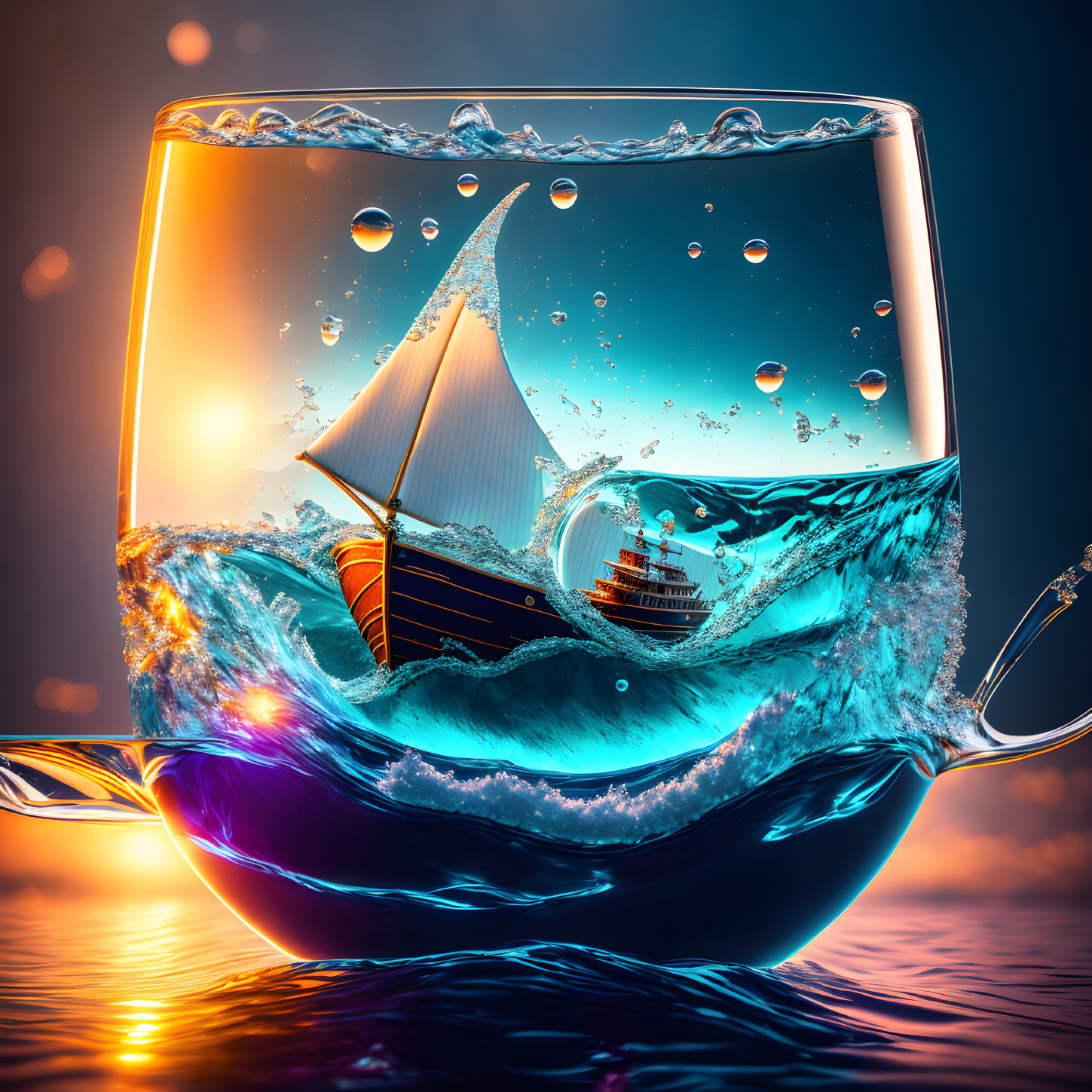 Digital image of sailboat in whiskey glass at sunset