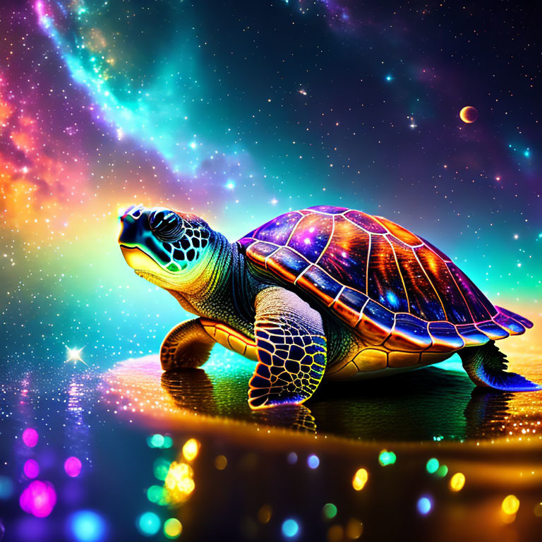 Colorful Sea Turtle Swimming Under Cosmic Sky with Starry Galaxy Shell