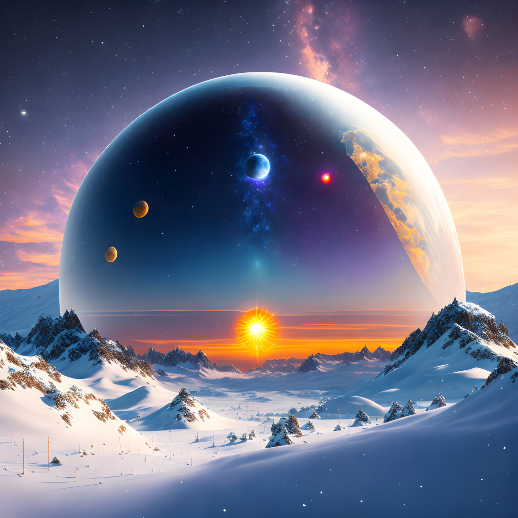 Snow-covered mountains, sunrise, fantasy planet, and moons in surreal landscape