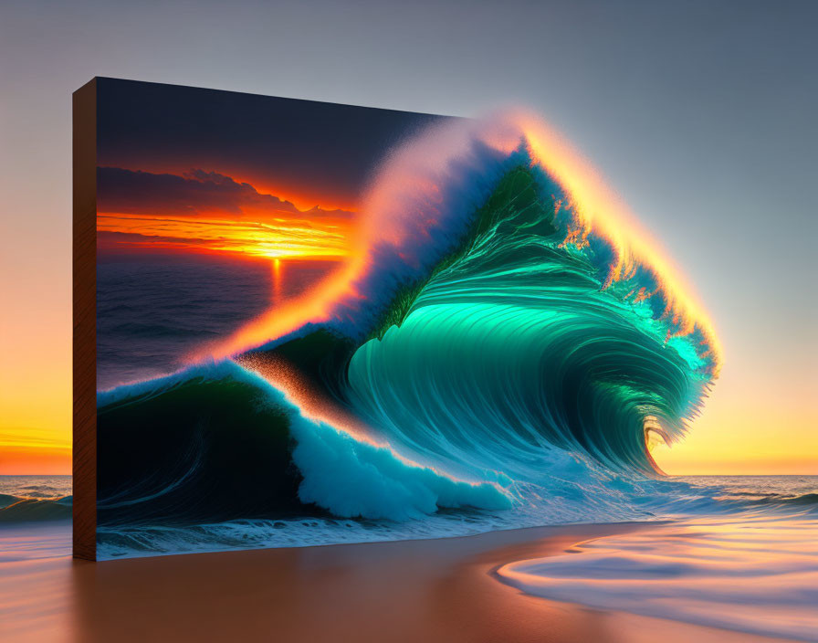 Surreal canvas: Frozen wave against sunset with extending curve.