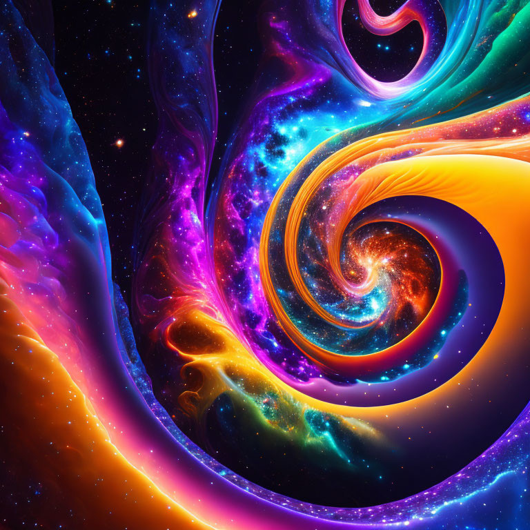 Colorful digital art with swirling orange, purple, and blue hues depicting a cosmic nebula.