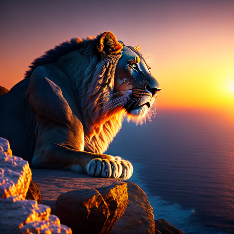 Majestic lion resting on cliff edge at sunset