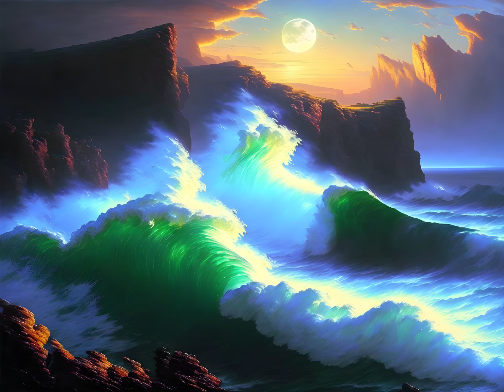 Luminous full moon over crashing waves and towering cliffs at night