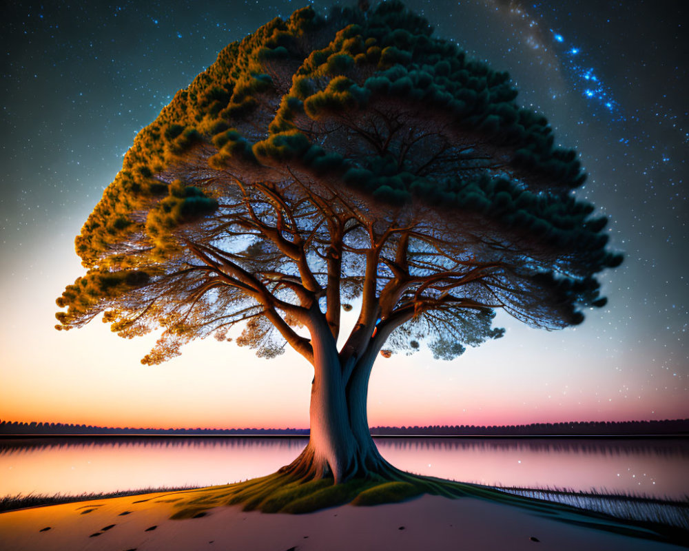 Solitary tree with wide canopy on sandy shore under twilight sky