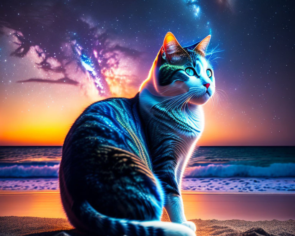 Cat on Beach at Sunset with Starry Sky