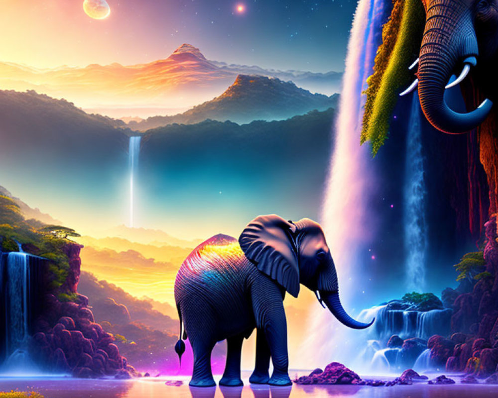 Elephant in vibrant fantasy landscape with waterfalls