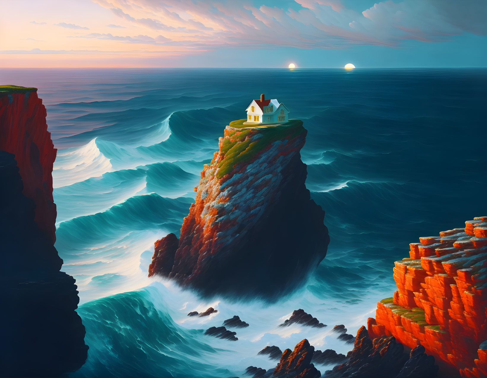 Digital Artwork: Lighthouse on Cliff with Dual Suns and Ocean Waves