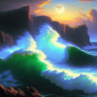 Luminous full moon over crashing waves and towering cliffs at night