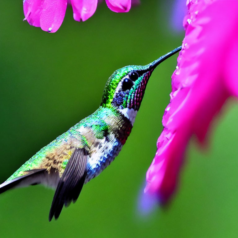 Colorful hummingbird feeding on pink flowers with long beak