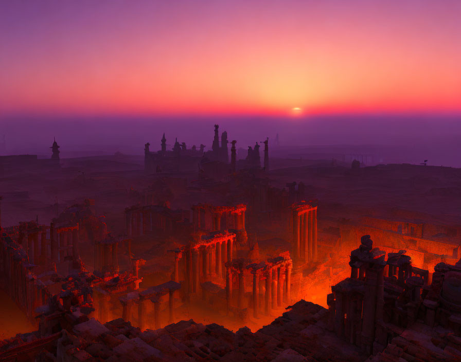 Vibrant purple sky sunset over ancient ruins with warm glow