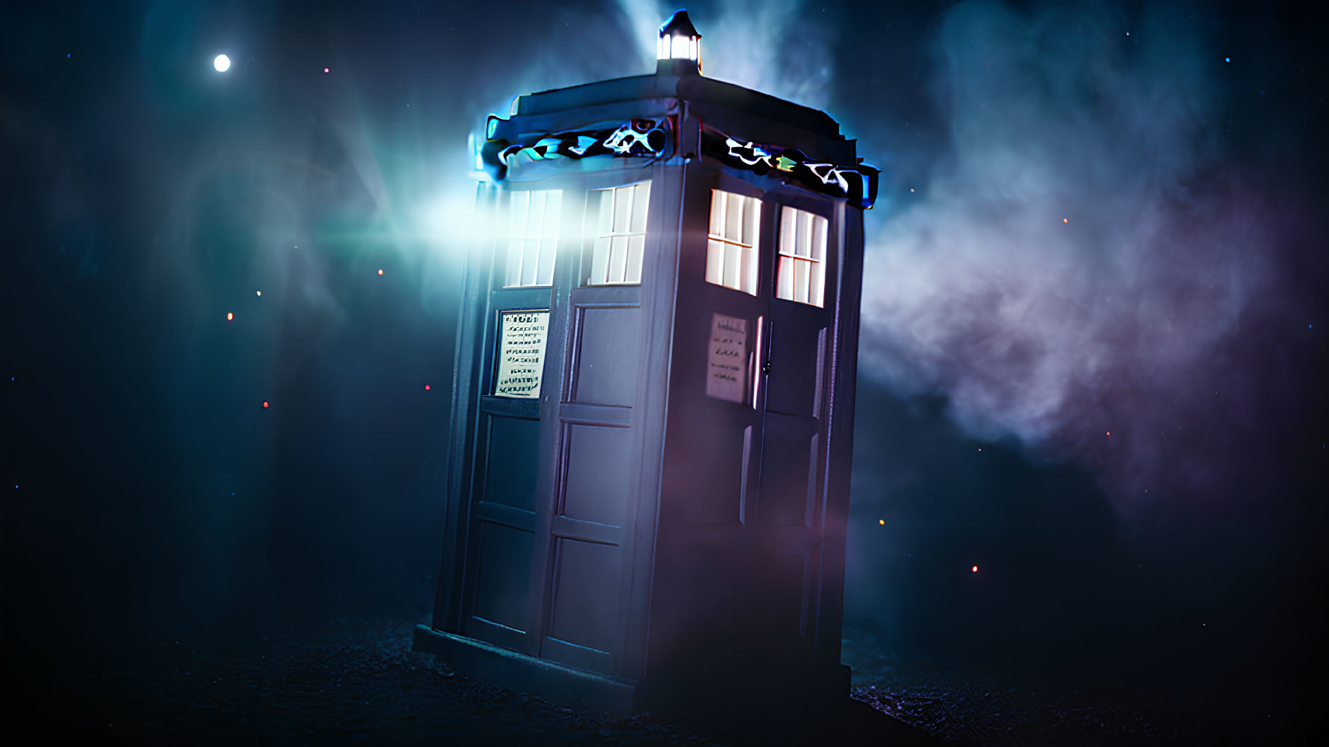 Blue Police Box Glowing Under Night Sky with Stars and Cosmic Fog