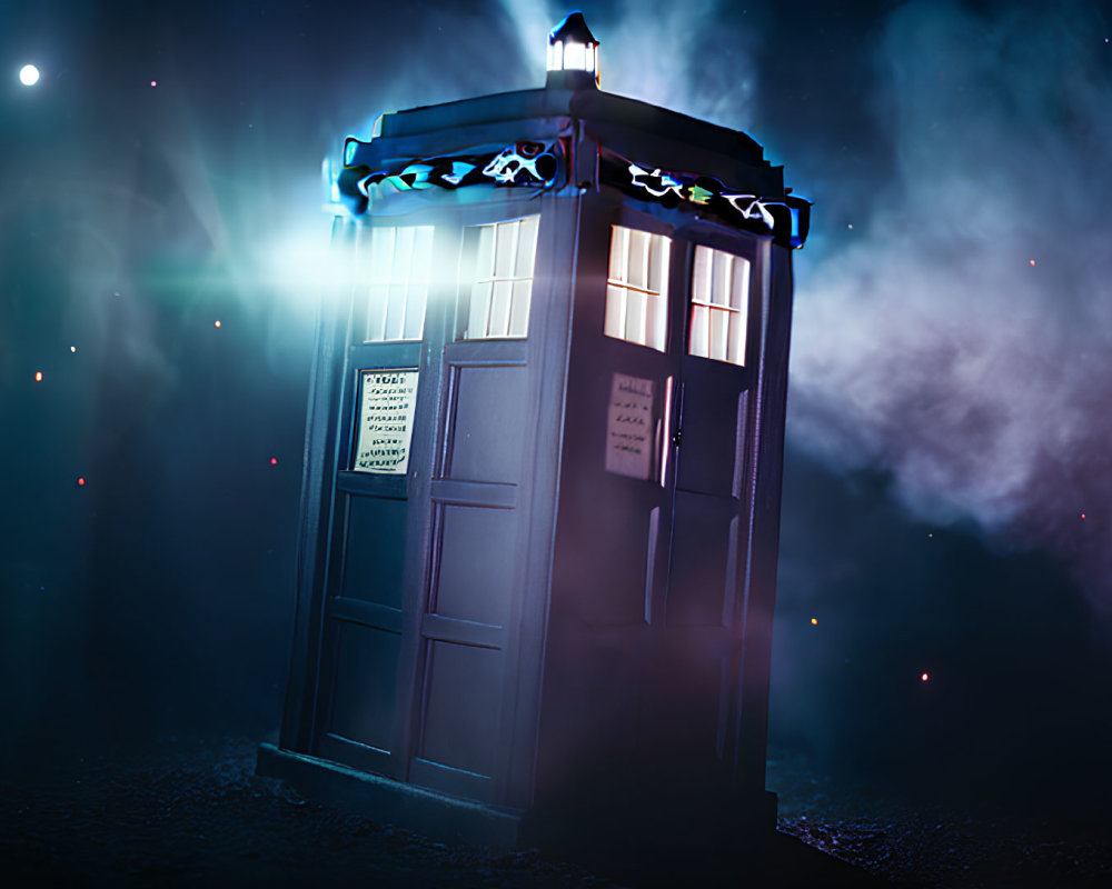 Blue Police Box Glowing Under Night Sky with Stars and Cosmic Fog