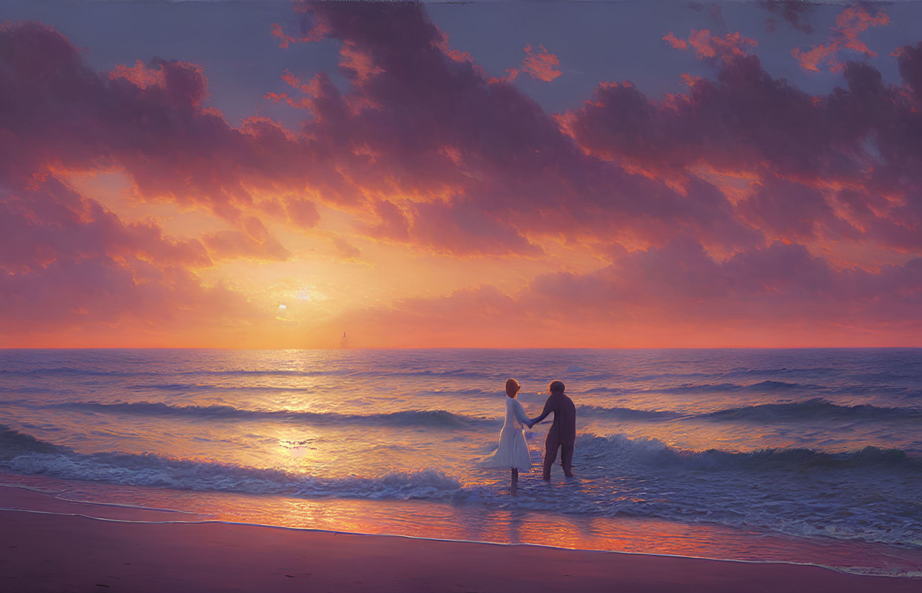 Romantic couple holding hands on beach at sunset with dramatic cloudy sky