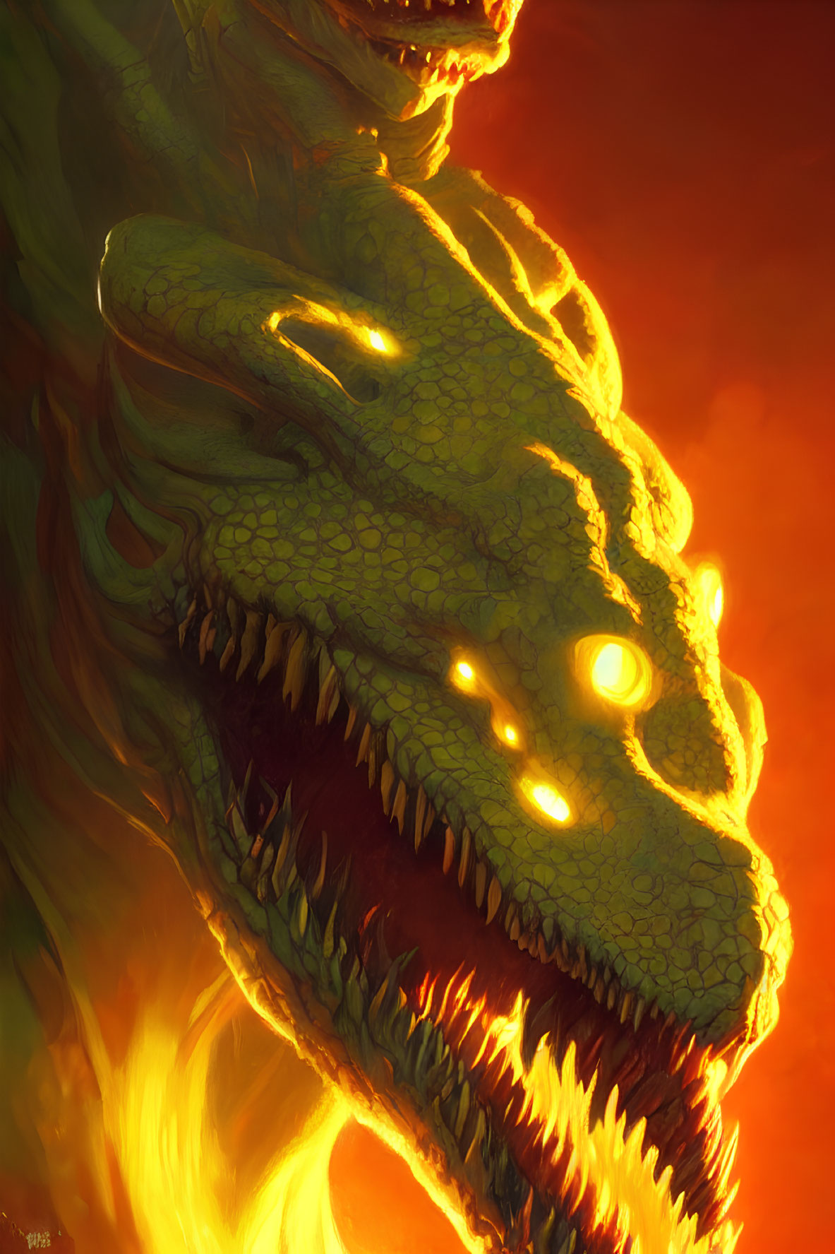 Glowing green dragon with sharp teeth and fiery eyes.