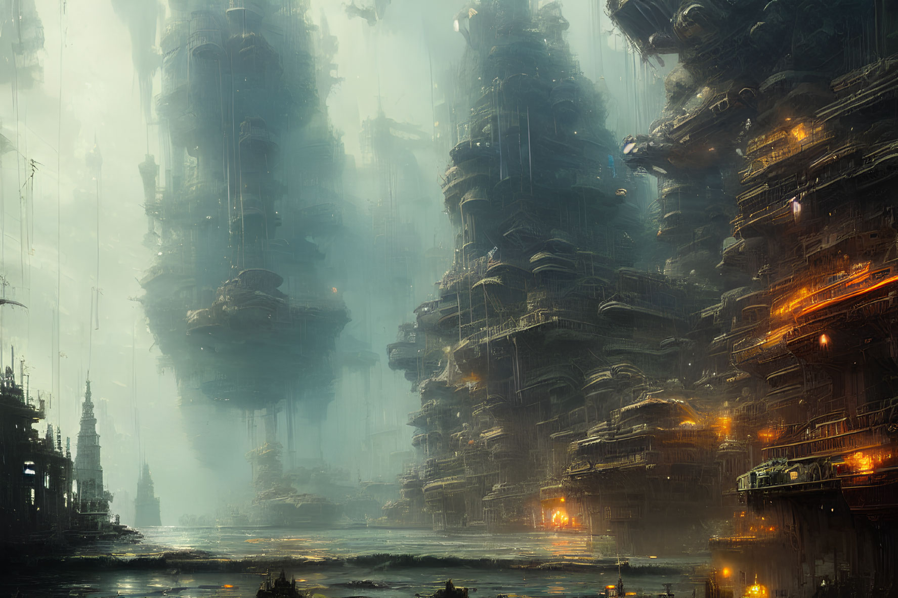 Futuristic cityscape with towering misty buildings and tranquil water surface