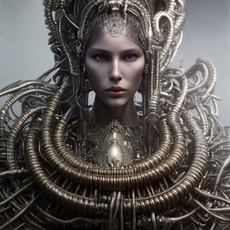 Intricate Metallic Headgear on Woman with Powerful Expression