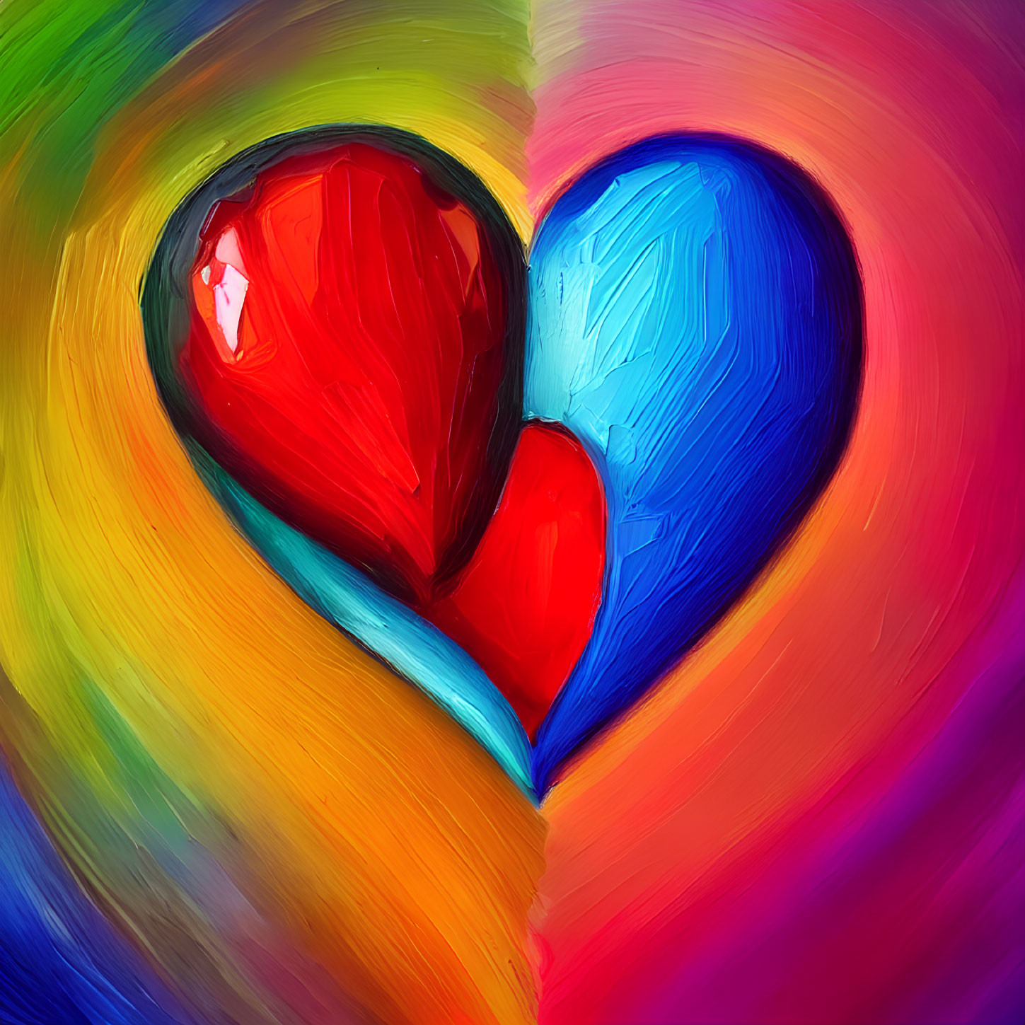 Intertwined red and blue hearts on vibrant rainbow background in thick impasto style