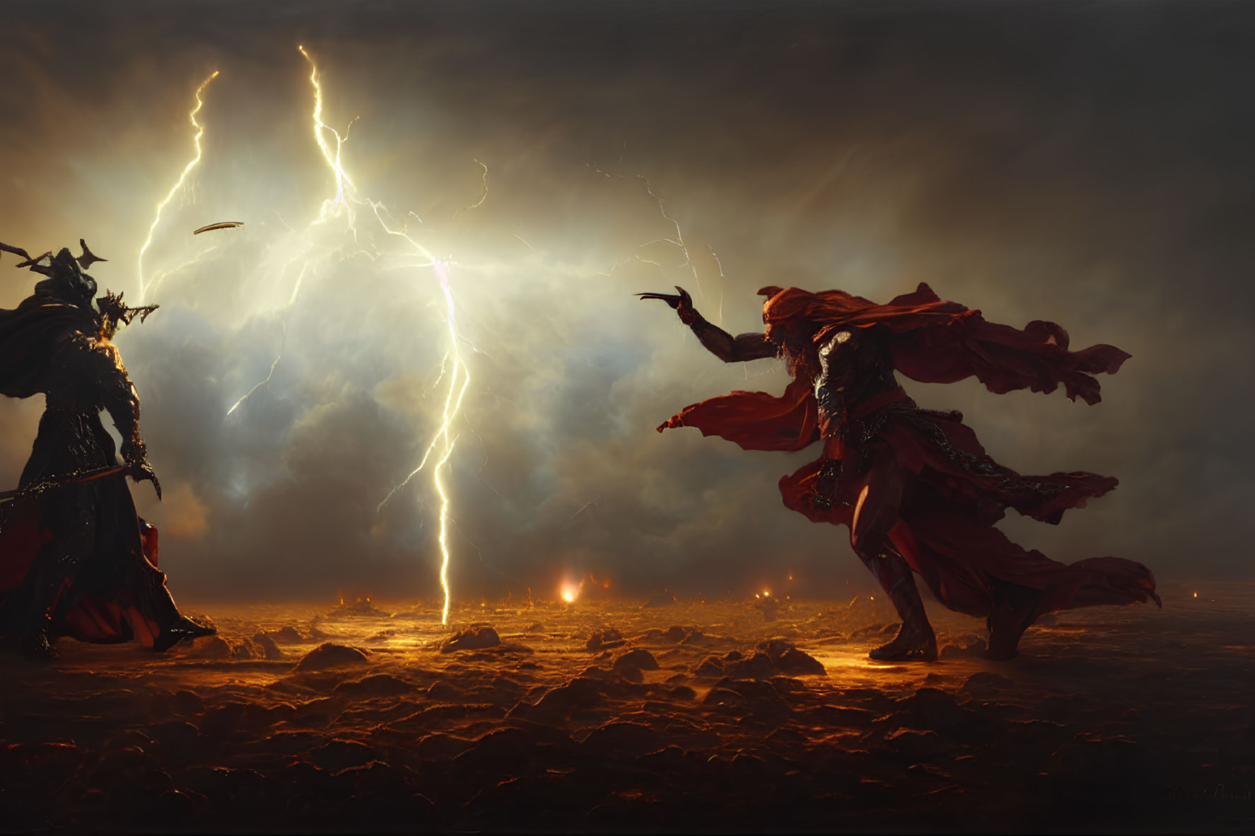 Fantasy warriors confront on apocalyptic battlefield with lightning.