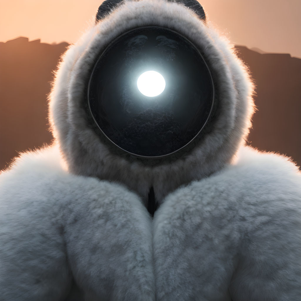 Person in Fluffy White Suit with Black Helmet Silhouetted Against Sunset