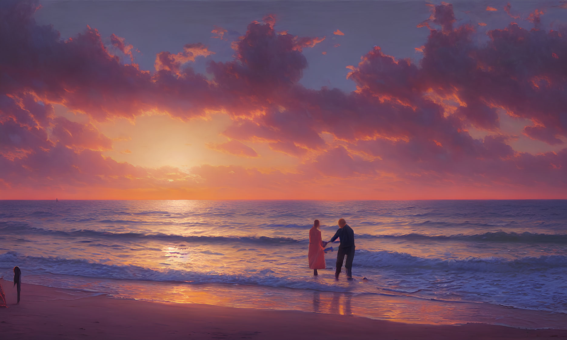 Two people by the sea with surfboard under vibrant sunset sky