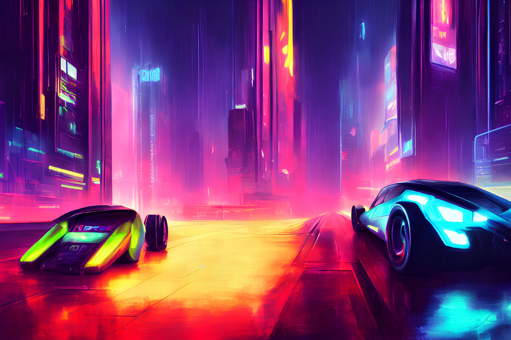 Futuristic cityscape with neon-lit skyscrapers and advanced cars