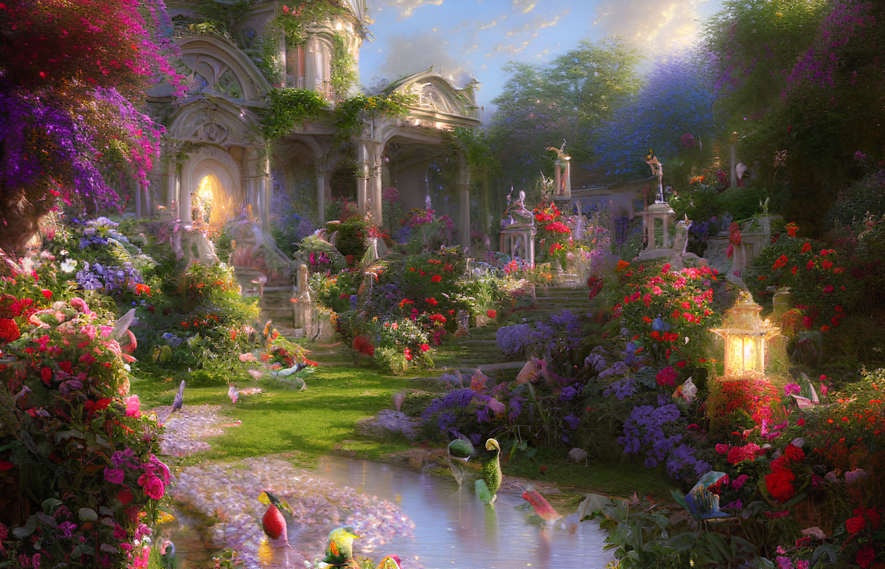 Lush Flower Garden with Pond, Architecture, and Whimsical Creatures