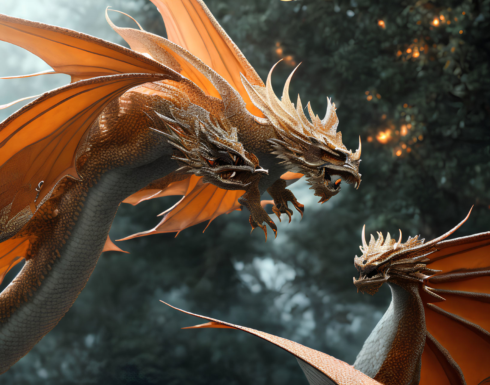 Orange Three-Headed Dragon in Misty Forest