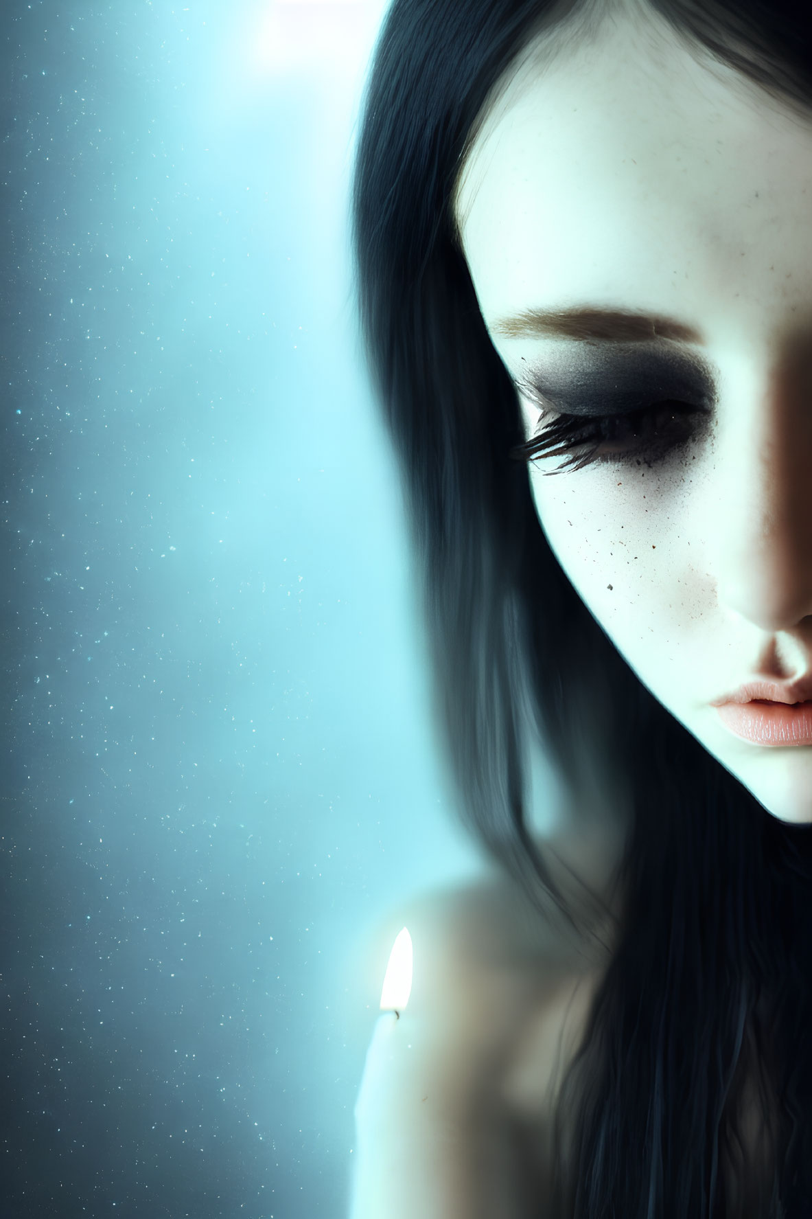 Melancholic figure with black hair and dark makeup gazes at a lone flame in digital portrait