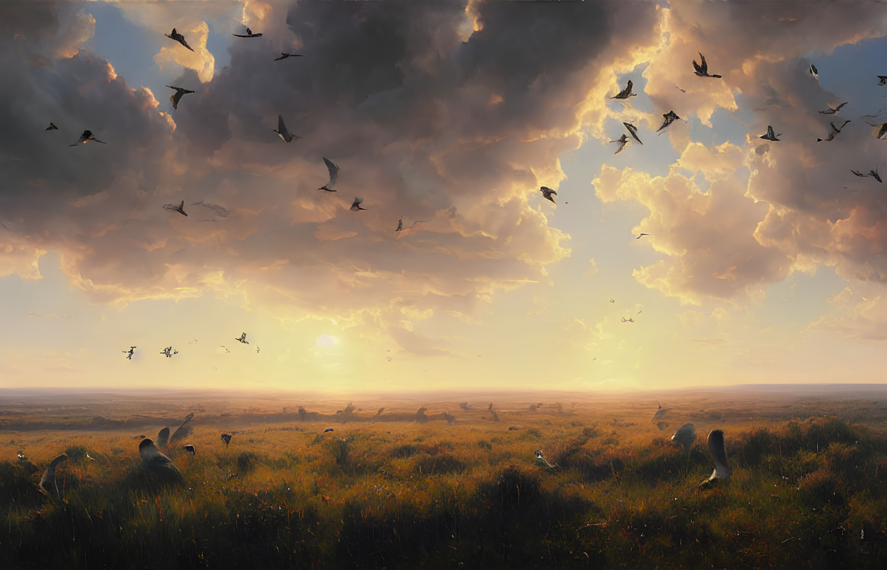 Tranquil sunset landscape with birds in golden sky