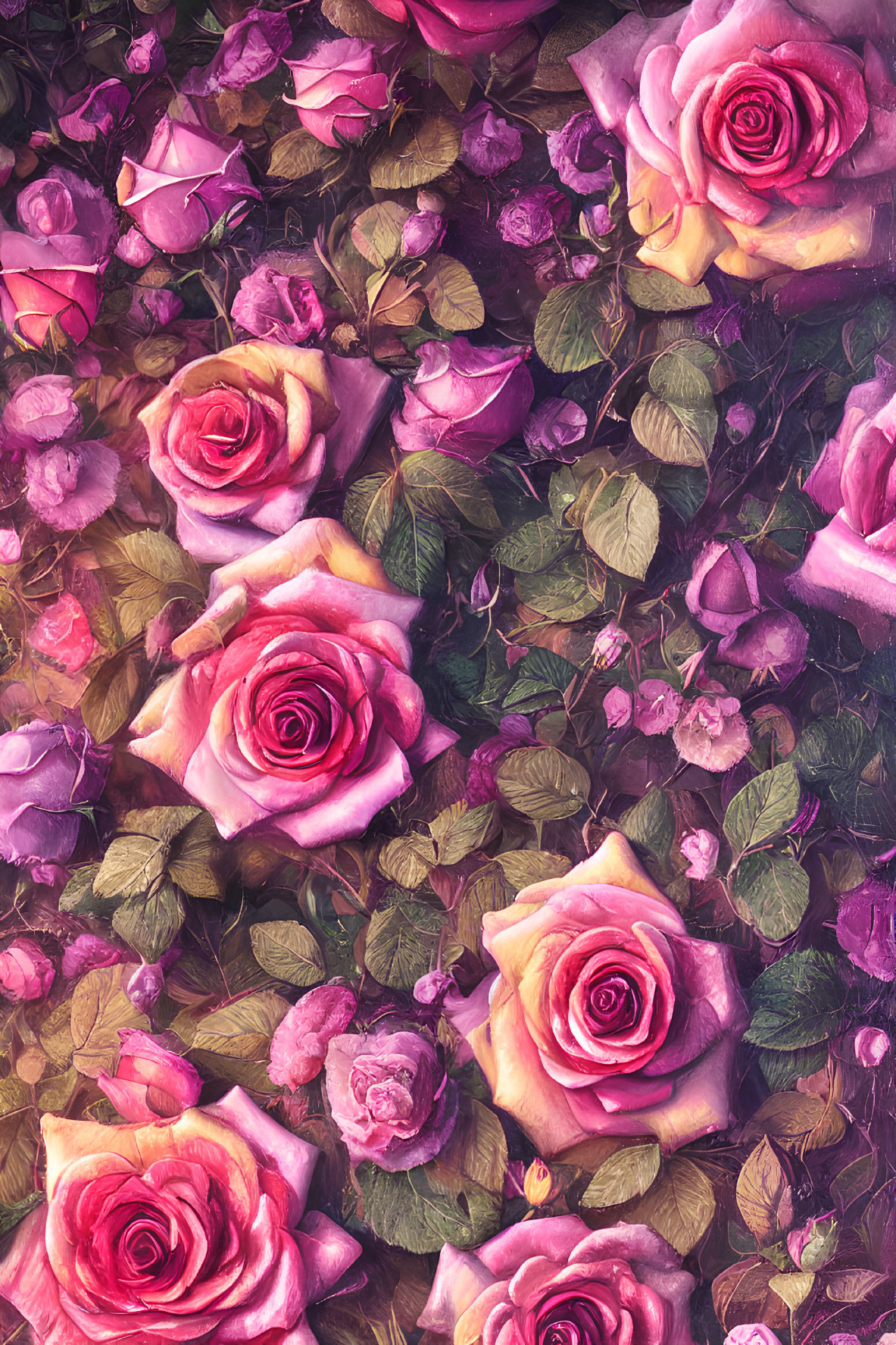 Pink Roses with Green Leaves and Purple Flowers in Dense Floral Pattern