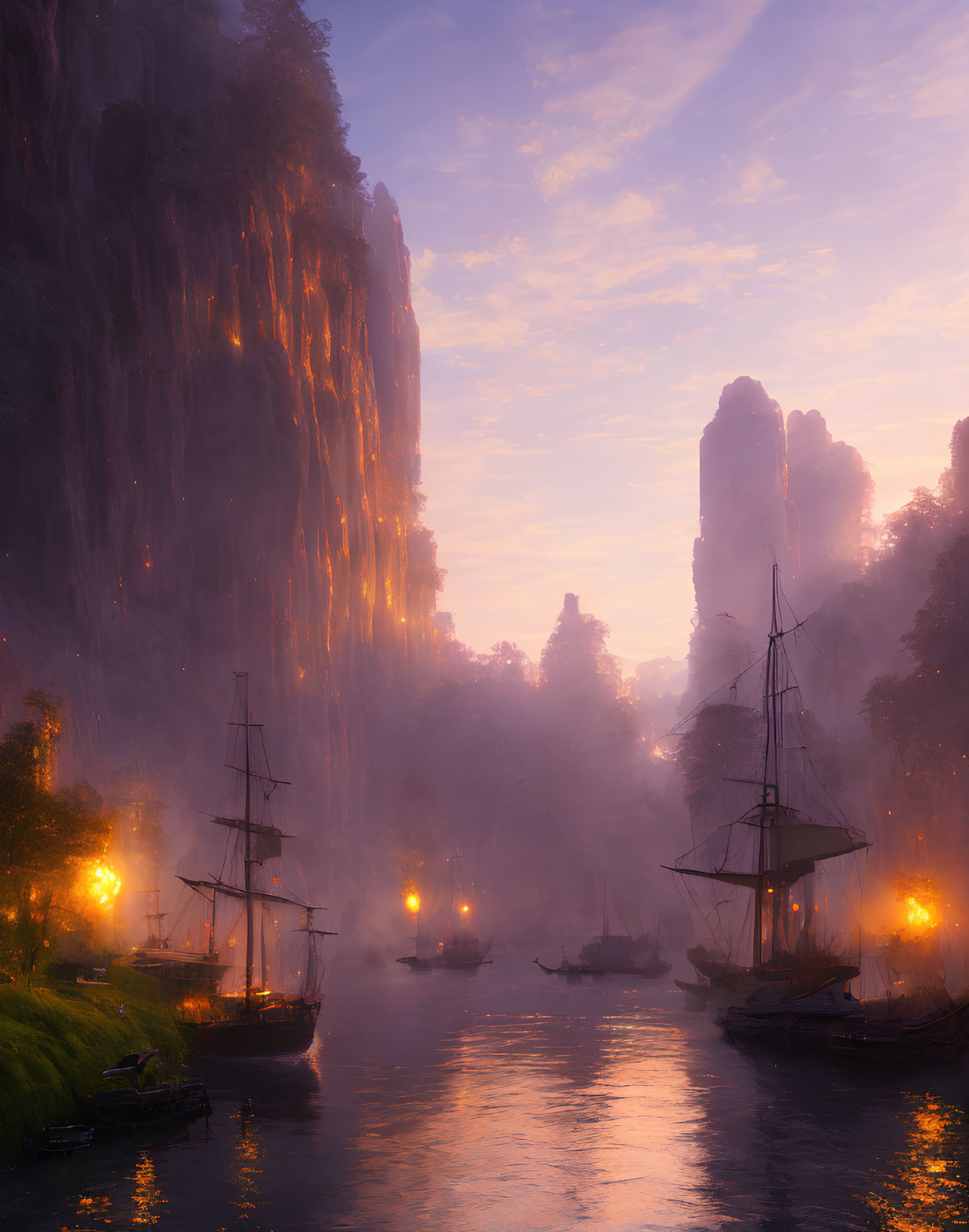 Mystical river scene at dusk with tall ships, glowing lights, and misty cliff faces